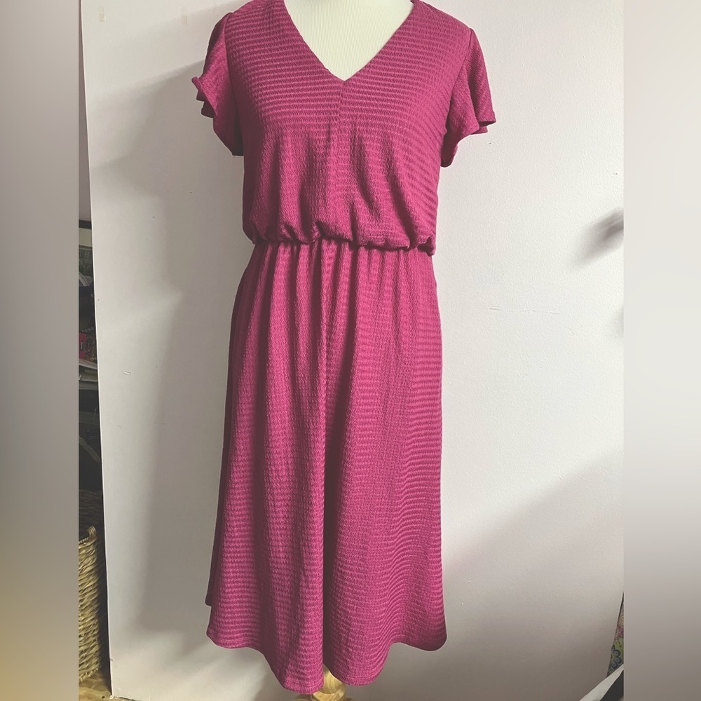 Women’s V Neck Dress, Medium, Flutter Sleeves, Pink, London Times